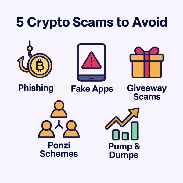 5 Crypto Scams to Avoid – icons with short labels