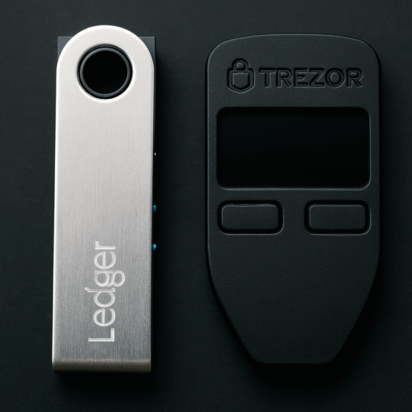 Close-up photo of Ledger and Trezor wallets side by side