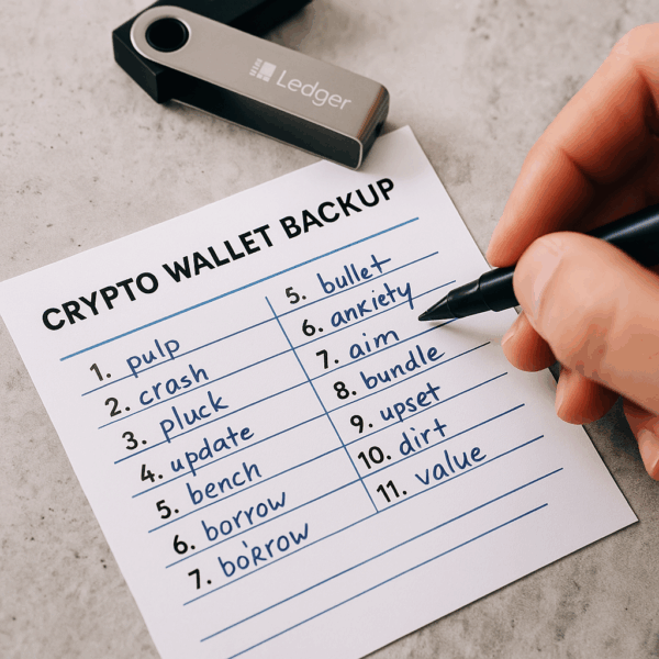 handwritten seed phrase backup sheet
